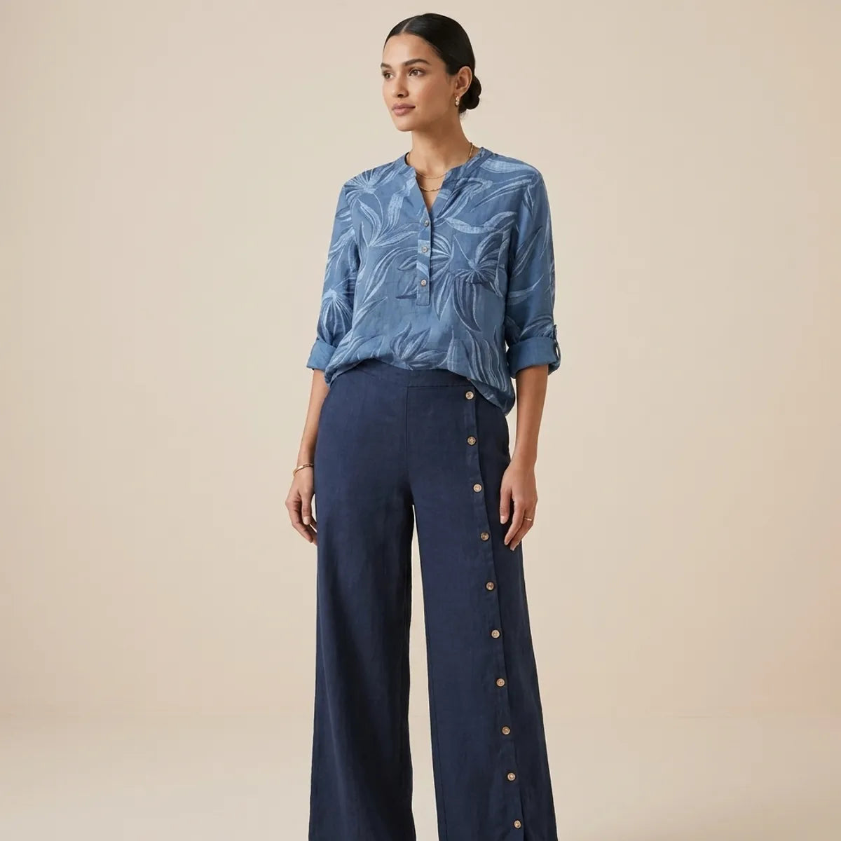Blue Cotton Linen Printed Co-Ord Set For Women
