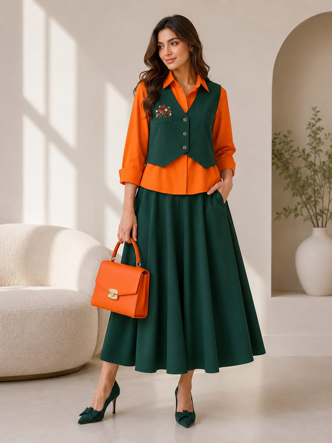 Emerald & Tangerine Co-ord Skirt Set
