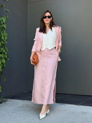 Baby Pink Cotton Skirt Blazer Set For Women