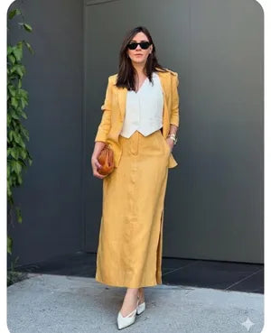 Mustard Yellow Cotton Skirt Blazer Set For Women