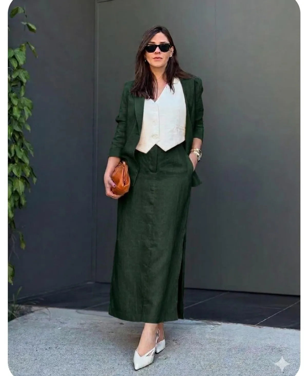 Bottle Green Cotton Linen With Skirt Blazer Set For Women