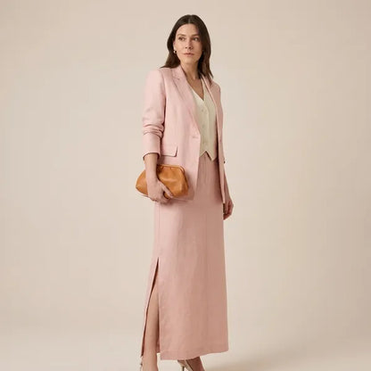 Baby Pink Cotton Skirt Blazer Set For Women