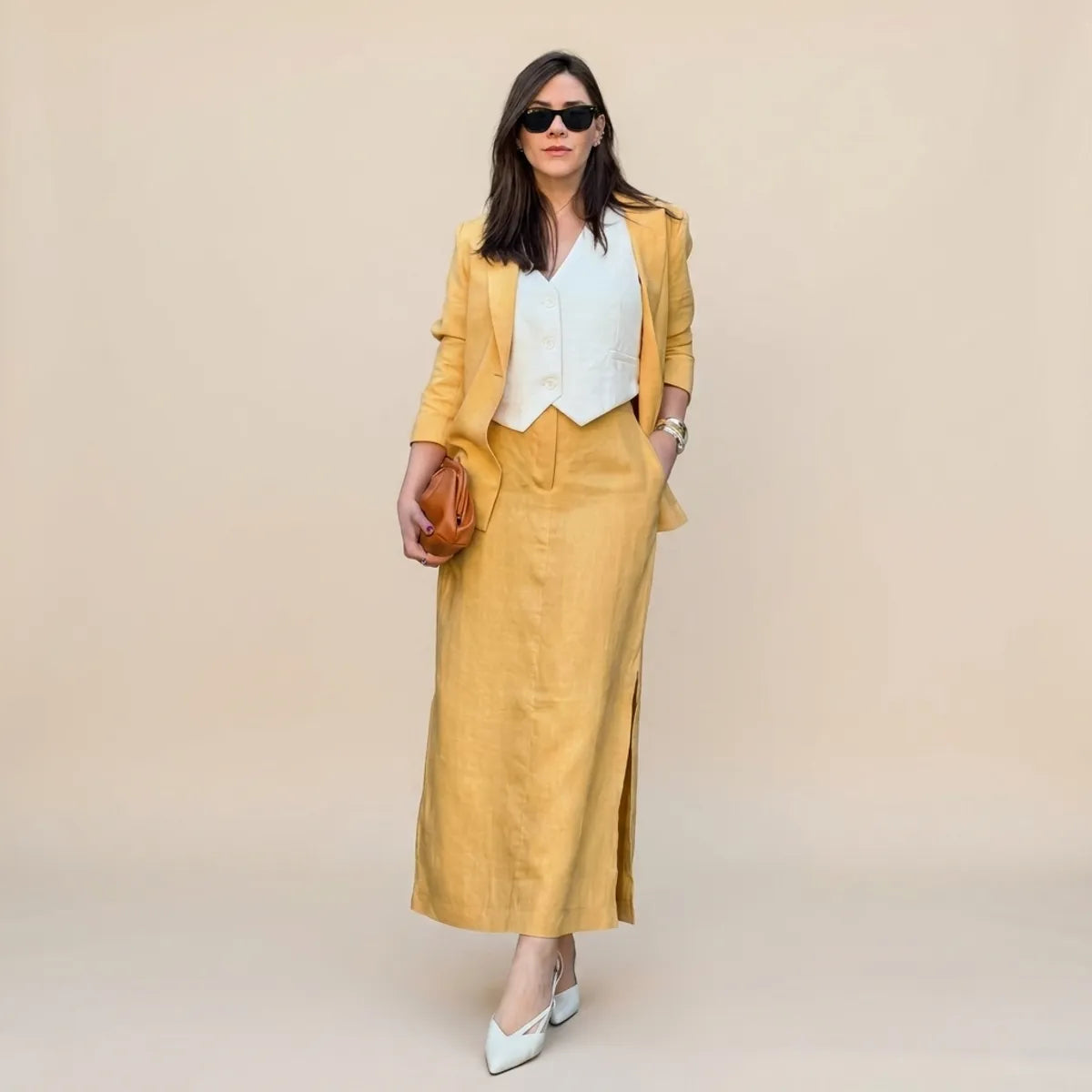 Mustard Yellow Cotton Skirt Blazer Set For Women