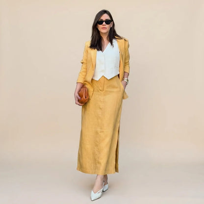 Mustard Yellow Cotton Skirt Blazer Set For Women