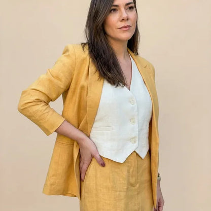 Mustard Yellow Cotton Skirt Blazer Set For Women