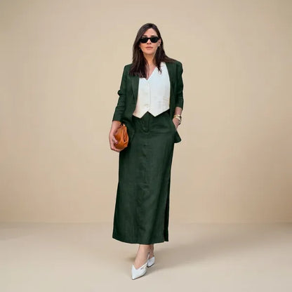 Bottle Green Cotton Linen With Skirt Blazer Set For Women