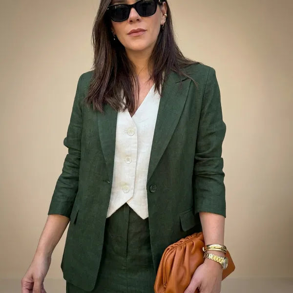 Bottle Green Cotton Linen With Skirt Blazer Set For Women