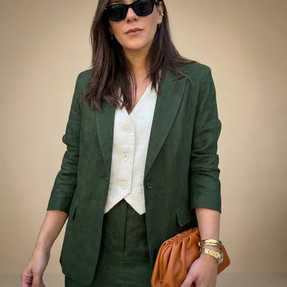 Bottle Green Cotton Linen With Skirt Blazer Set For Women
