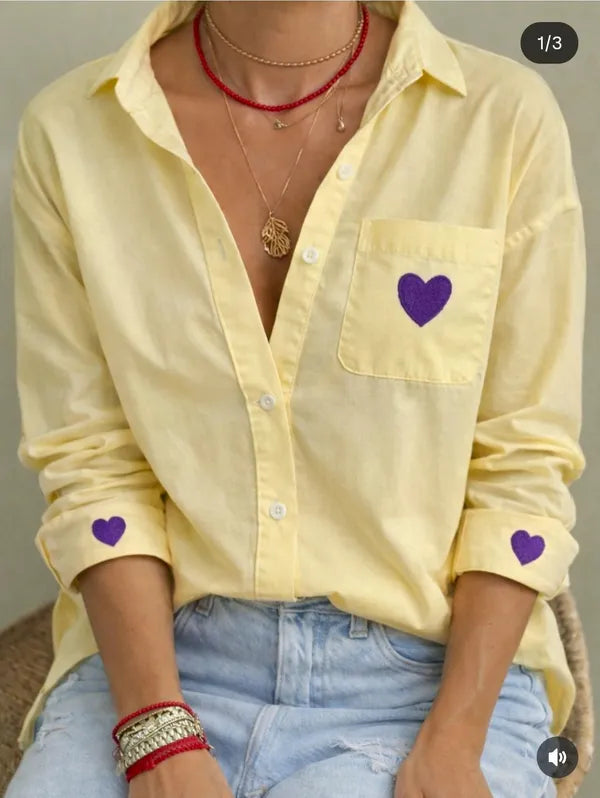 Light Yellow Semi Linen Heart Shirt For Women