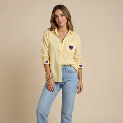 Light Yellow Semi Linen Heart Shirt For Women