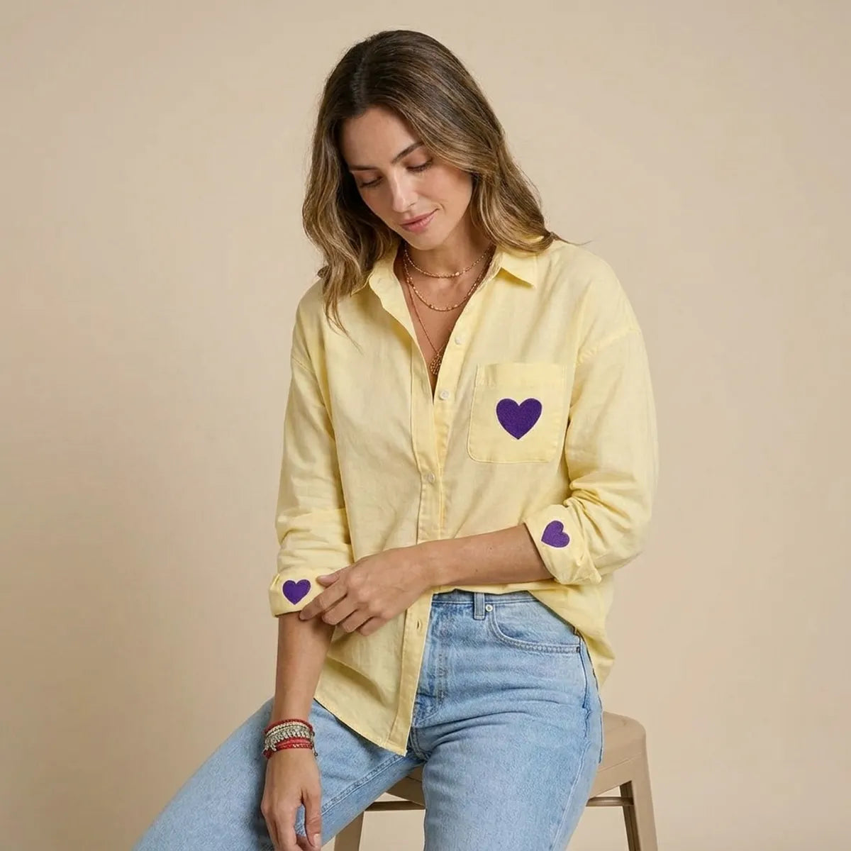 Light Yellow Semi Linen Heart Shirt For Women