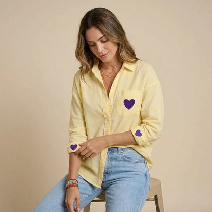 Light Yellow Semi Linen Heart Shirt For Women