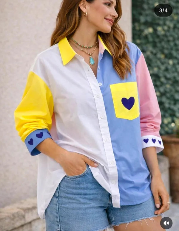 Multicolors Semi Linen Dual Shade Heart Shirt For Women