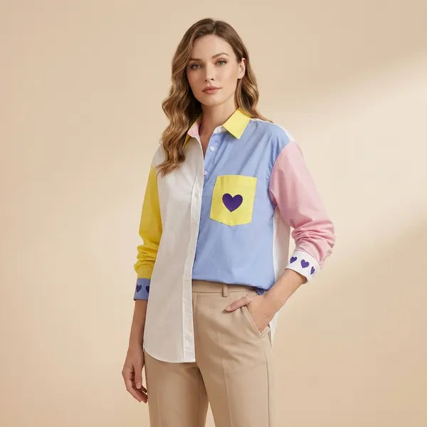 Multicolors Semi Linen Dual Shade Heart Shirt For Women