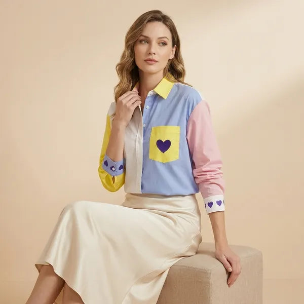 Multicolors Semi Linen Dual Shade Heart Shirt For Women