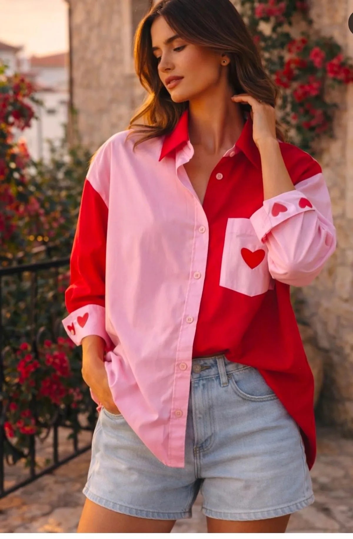 Multicolors Semi Linen Dual Shade Heart Shirt For Women
