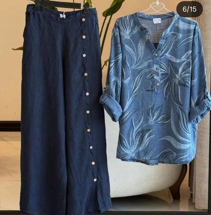 Blue Cotton Linen Printed Co-Ord Set For Women