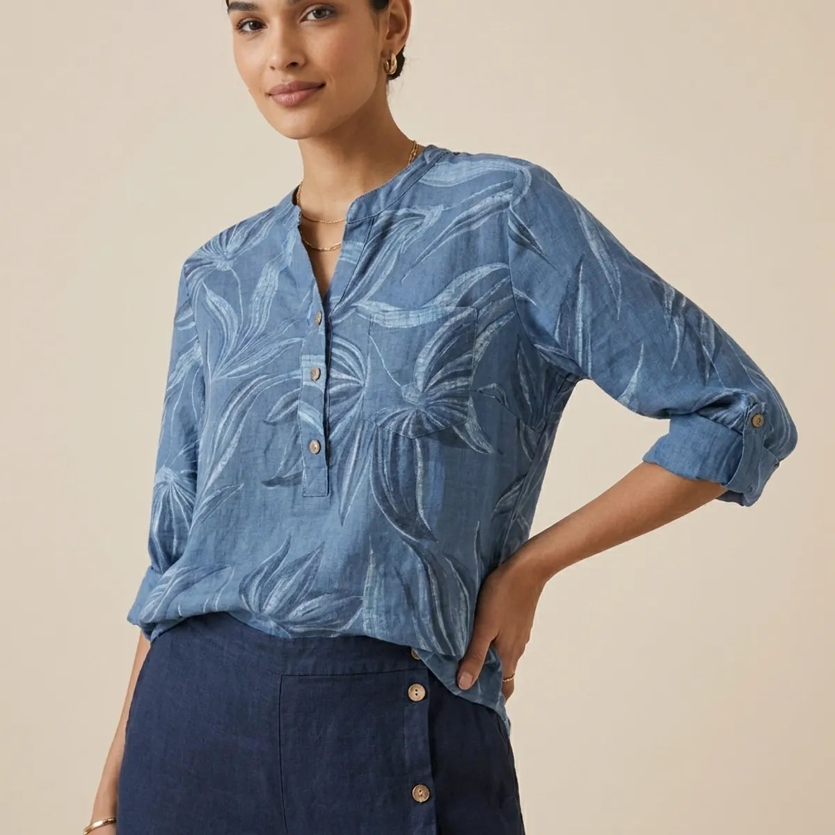 Blue Cotton Linen Printed Co-Ord Set For Women